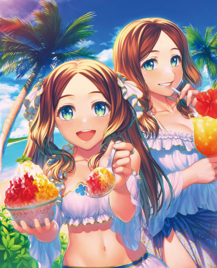 2girls absurdres bikini breasts fate/grand_order fate_(series) fruit_cup highres large_breasts leonardo_da_vinci_(fate) leonardo_da_vinci_(swimsuit_ruler)_(fate) looking_at_viewer multiple_girls ocean palm_tree simosi small_breasts sunlight swimsuit tree white_bikini