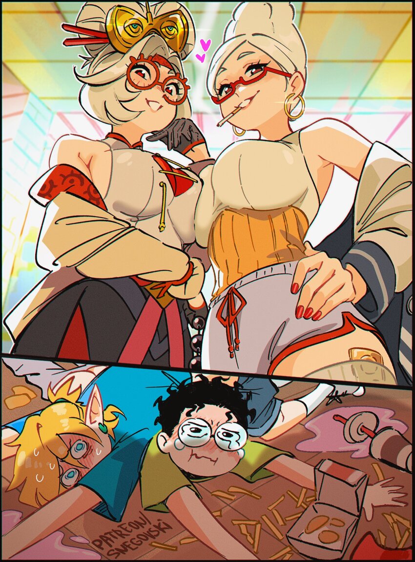 2boys 2girls apu_spills_his_tendies_(meme) asymmetrical_docking ayase_seiko beehive_hairdo blonde_hair breast_press breast_shadow breasts crossover dandadan earrings eyeshadow glasses gloves hair_ornament hair_stick highres jewelry large_breasts link looking_at_viewer makeup mature_female meme multiple_boys multiple_girls nail_polish nintendo purah red-framed_eyewear red_eyes round_eyewear shadow sheikah short_hair snegovski takakura_ken_(dandadan) tall_hair the_legend_of_zelda the_legend_of_zelda:_tears_of_the_kingdom trait_connection white_hair