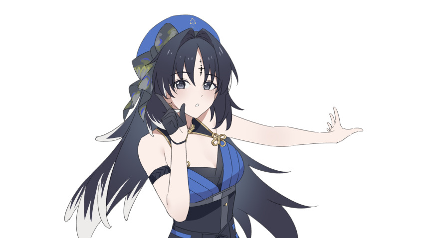 1girl bare_shoulders beret black_dress black_eyes black_gloves black_hair blue_dress bow breasts chinese_commentary cleavage commentary_request hoshino_ruby_dance dress facial_mark feather_hair forehead_mark gloves hair_intakes half_gloves hat highres holding kohane_kun long_hair looking_at_viewer meme mole mole_under_eye parted_bangs simple_background sleeveless sleeveless_dress solo very_long_hair white_background wuthering_waves yangyang_(wuthering_waves)