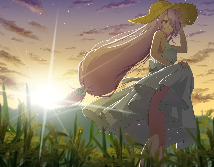 1girl braid breasts clothes_lift cloud cloudy_sky dawn dress dress_lift from_below hair_over_one_eye hat heaven_burns_red kura_satomi large_breasts long_hair low-tied_long_hair mochimugi_rice outdoors pink_hair red_eyes rice_paddy sky solo straw_hat sunset white_dress