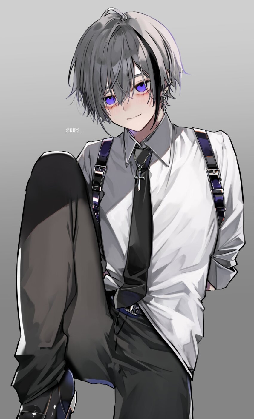 1boy arms_behind_back belt black_hair black_necktie black_pants black_shoes blush closed_mouth cowboy_shot cross cross_earrings cross_necklace ear_piercing earrings grey_background grey_hair hair_between_eyes highres jewelry leg_up looking_to_the_side male_focus multicolored_hair necklace necktie original pants piercing purple_eyes rip2 shirt shoes short_hair simple_background solo streaked_hair white_shirt