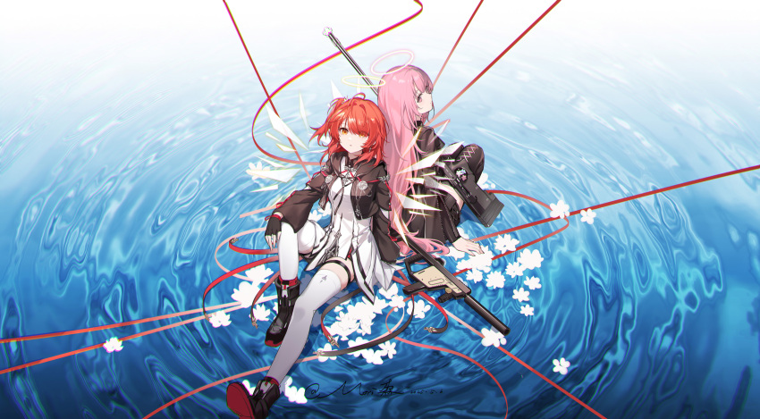 2girls absurdres ai_arctic_warfare arknights artist_name back-to-back black_boots black_gloves black_jacket bolt_action boots closed_mouth commentary_request cropped_jacket cross cross_earrings dated detached_wings dress earrings energy_wings exusiai_(arknights) exusiai_the_new_covenant_(arknights) fingerless_gloves flower gloves gun halo highres jacket jewelry kriss_vector lemuen_(arknights) looking_at_viewer morimori_(14292311) multiple_girls open_clothes open_jacket orange_eyes pink_eyes pink_hair red_hair red_ribbon ribbon rifle ripples siblings signature sisters sitting_on_water sniper_rifle string string_of_fate submachine_gun thigh_strap thighhighs water weapon white_dress white_flower white_thighhighs wings