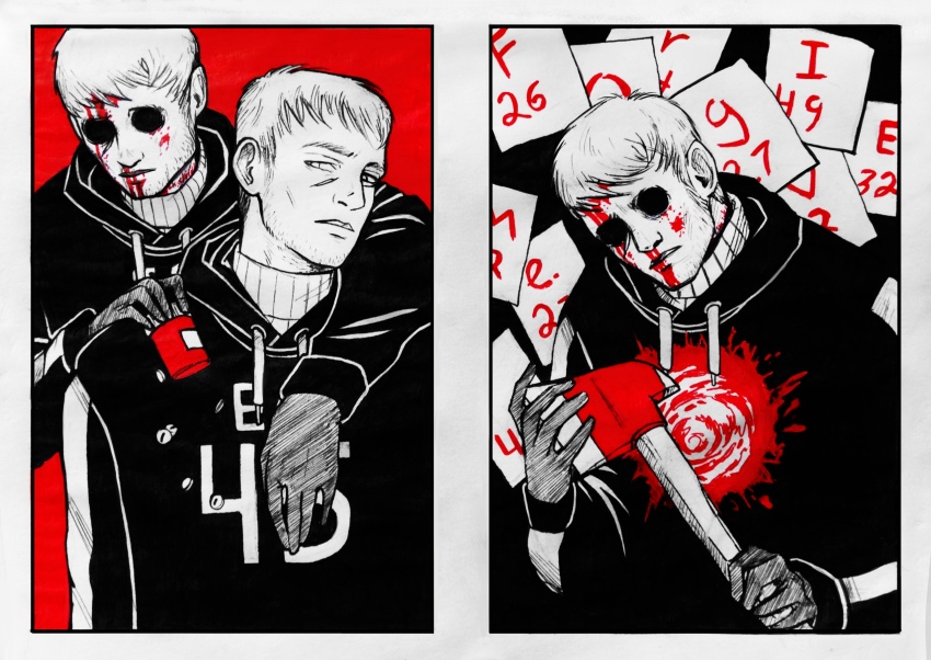 2boys afraid_of_monsters arm_around_neck axe black_gloves black_hoodie blood blood_from_forehead bloody_tears bottle cellar_art david_leatherhoff drugs dual_persona empty_eyes facial_hair fire_axe gloves goatee_stubble gouged_eye highres holding holding_axe holding_bottle holding_pill hole_in_chest hole_on_body hood hoodie inset_border limited_palette male_focus multiple_boys multiple_views nosebleed paper print_hoodie scar scar_on_face short_hair stubble the_addiction_(afraid_of_monsters) turtleneck white_hair