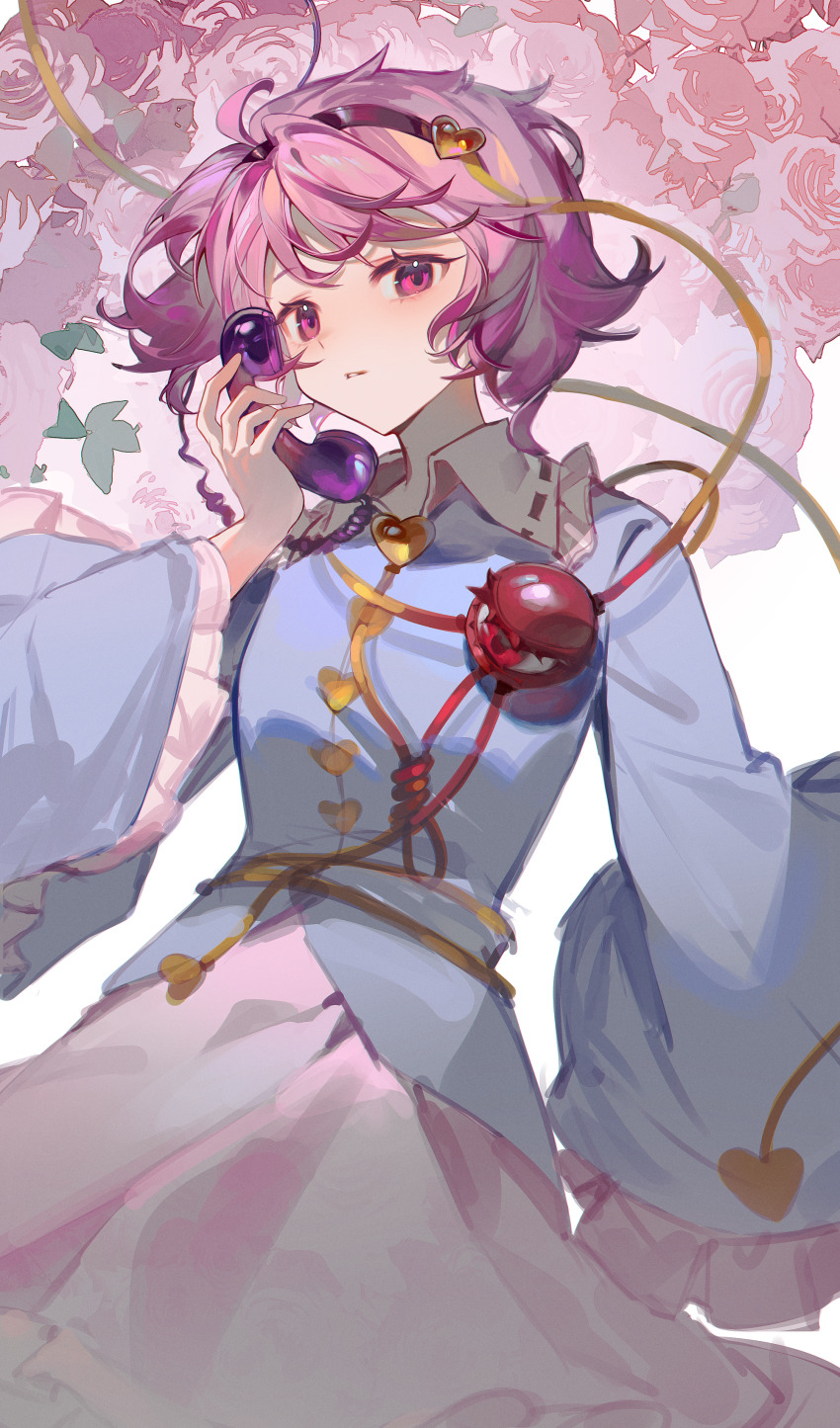 1girl absurdres black_hairband blue_shirt buttons chinese_commentary closed_mouth collared_shirt commentary cowboy_shot ender_xiaohai flower hair_ornament hairband heart heart_button heart_hair_ornament highres holding holding_phone komeiji_satori long_sleeves looking_at_viewer phone pink_eyes pink_flower pink_hair pink_rose pink_skirt ribbon-trimmed_collar ribbon-trimmed_sleeves ribbon_trim rose shirt short_hair skirt solo third_eye touhou
