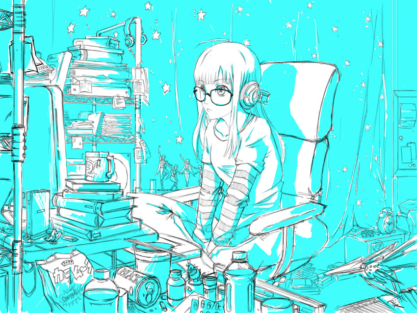 10s 1girl ahoge alarm_clock atelier_gokujou book can chair chopsticks clock cup curtains female_focus glasses headphones indian_style indoors jack_frost_(megami_tensei) jacket long_hair monitor monochrome mug persona persona_5 router sakura_futaba sitting sketch solo star_(symbol) striped