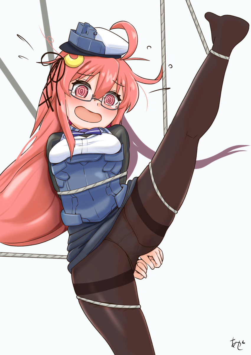 1girl @_@ akashieru black_pantyhose blue_jacket bound commentary_request cosplay crescent crescent_hair_ornament hair_ornament hat headgear highres jacket kantai_collection long_hair low-tied_long_hair military_uniform northampton_(kancolle) northampton_(kancolle)_(cosplay) northampton_kai_(kancolle) northampton_kai_(kancolle)_(cosplay) one-hour_drawing_challenge orange_eyes orange_hair panties panties_under_pantyhose pantyhose restrained robe solo thighband_pantyhose translation_request underwear uzuki_(kancolle) white_hat