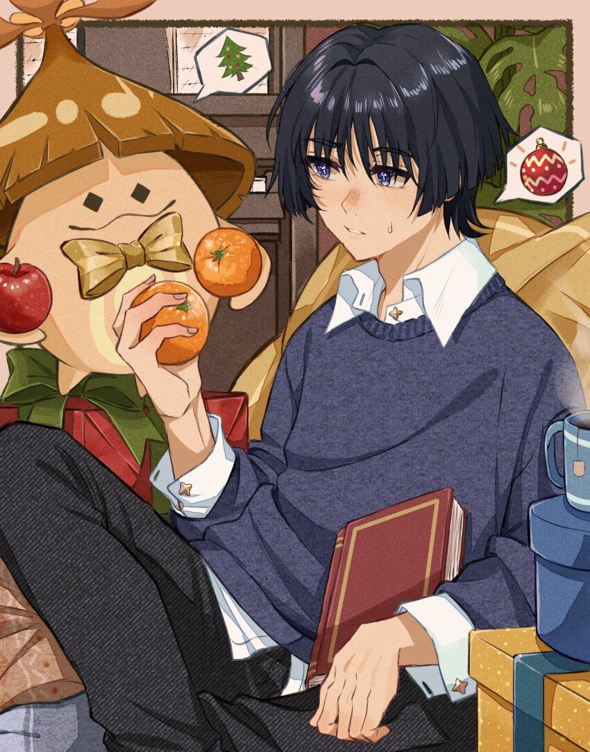1boy absurdres alternate_costume apple aranara_(genshin_impact) black_hair black_pants blue_eyes blunt_ends book box casual christmas_ornaments christmas_present christmas_tree collared_shirt contemporary crossed_legs cup dintoge food fruit genshin_impact gift gift_box hair_intakes hand_up highres holding holding_book holding_food holding_fruit indoors layered_shirt layered_sleeves looking_at_creature male_focus orange_hair pants parted_lips plant purple_sleeves purple_sweater scaramouche_(genshin_impact) shirt sitting spoken_object steam sweatdrop sweater tea white_mouth white_shirt white_sleeves