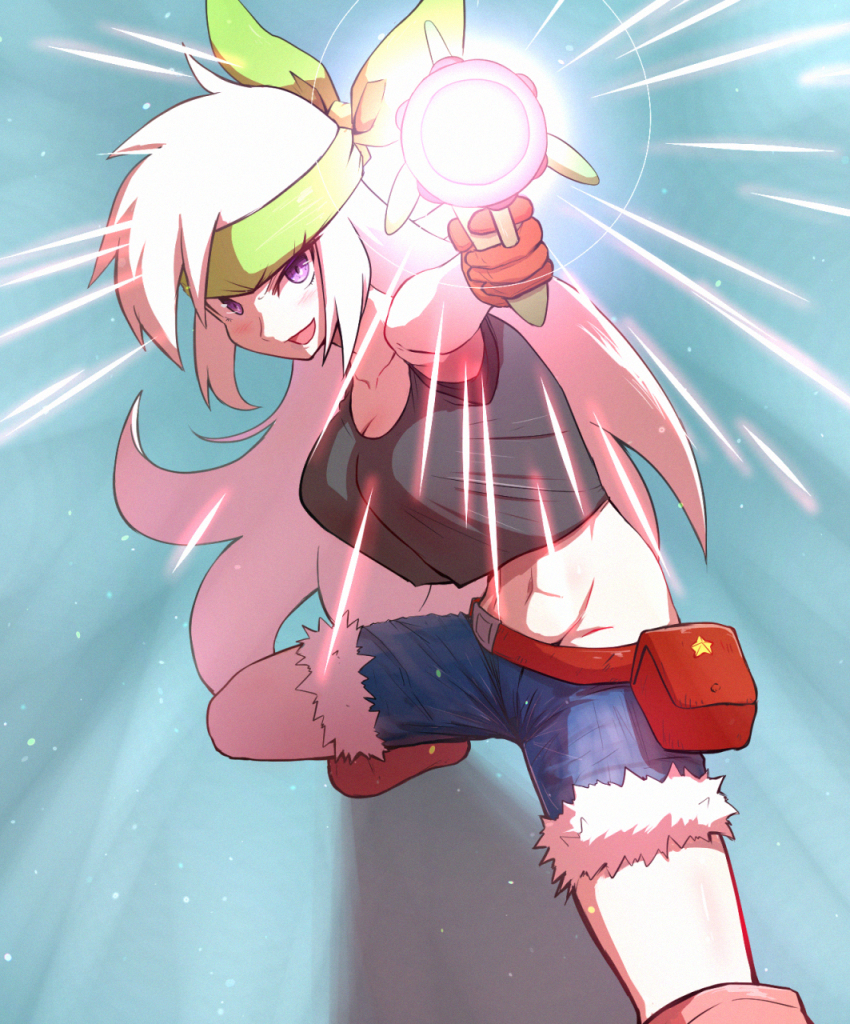 1girl abs blue_shorts blush brown_bag commentary_request denim fanny_pack glowing green_headband grey_shirt headband highres holding holding_weapon humanization kirby:_right_back_at_ya! kirby_(series) kurachi_mizuki long_hair nintendo open_mouth purple_eyes shirt shorts sirica_(kirby) sleeveless sleeveless_shirt smile solo stomach weapon white_hair