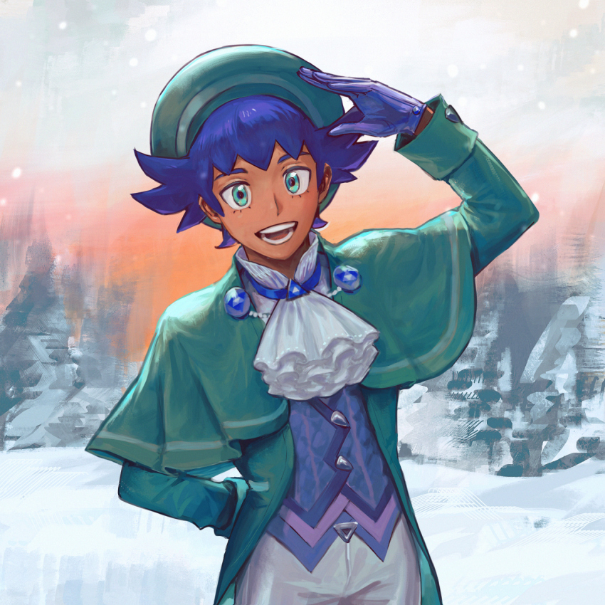 1boy adapted_costume arm_behind_back arm_up ascot capelet coat commission cowboy_shot gloves go-lurk green_capelet green_coat green_eyes green_hat hat highres if_they_mated leon_(pokemon) lower_eyelashes_only male_focus nintendo open_mouth original pants pokemon pokemon_swsh purple_gloves purple_hair purple_vest short_hair smile snow snowing solo sonia_(pokemon) vest waistcoat white_ascot white_pants winter winter_clothes
