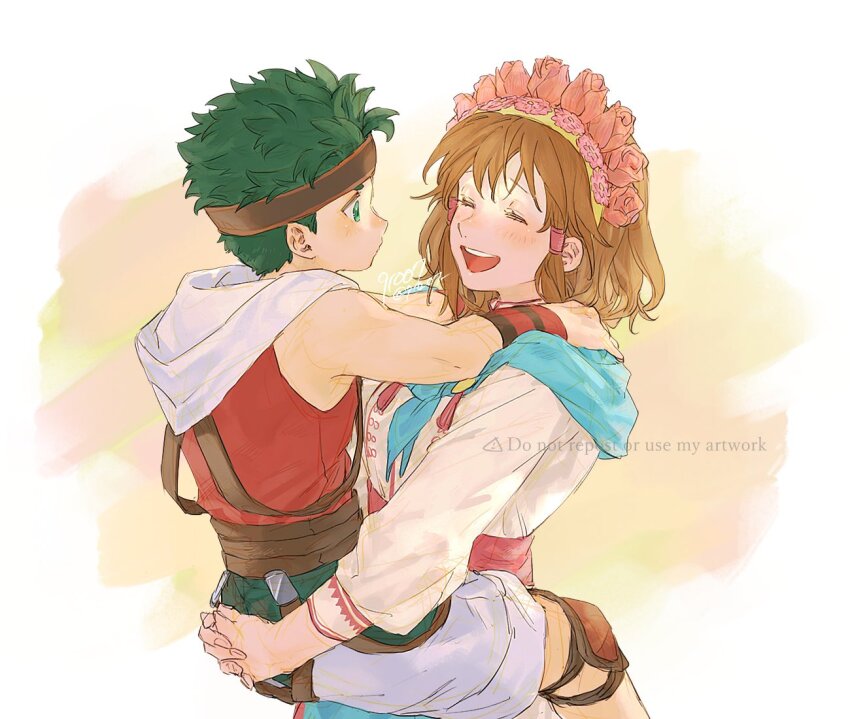 1boy 1girl 91007 aged_down artist_name boyd_(fire_emblem) boyd_(future_great)_(fire_emblem) brown_hair carrying child child_carry closed_eyes fire_emblem fire_emblem:_path_of_radiance fire_emblem_heroes flower flower_hairband green_eyes green_hair hairband headband hood hoodie knee_pads mist_(fire_emblem) mist_(path_of_radiance)_(fire_emblem) mist_(valentine)_(fire_emblem) nintendo official_alternate_costume open_mouth shorts simple_background sleeveless sleeveless_hoodie smile twitter_username white_shorts