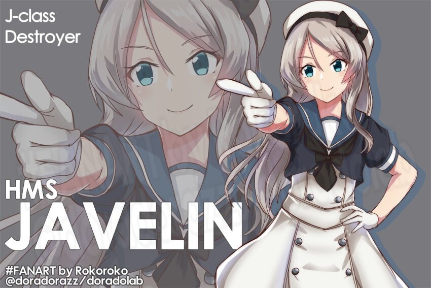 1girl black_jacket black_neckerchief blue_eyes blue_sailor_collar character_name contrapposto cowboy_shot dress finger_gun gloves grey_background grey_hair hair_between_eyes hand_on_own_hip hat jacket javelin_(kancolle) kantai_collection long_hair loose_hair_strand neckerchief one-hour_drawing_challenge roko_roko_(doradorazz) sailor_collar sailor_hat short_sleeves solo white_dress white_gloves white_hat
