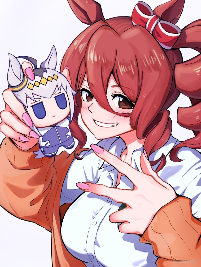 1girl absurdres aruke_(gter7727) breasts brown_eyes brown_hair commentary drill_hair hair_between_eyes highres holding holding_stuffed_toy horse_girl looking_at_viewer norn_ace_(umamusume) oguri_cap_(umamusume) orange_sweater pink_nails shirt side_drill smile solo stuffed_toy sweater umamusume umamusume:_cinderella_gray upper_body v white_background white_shirt
