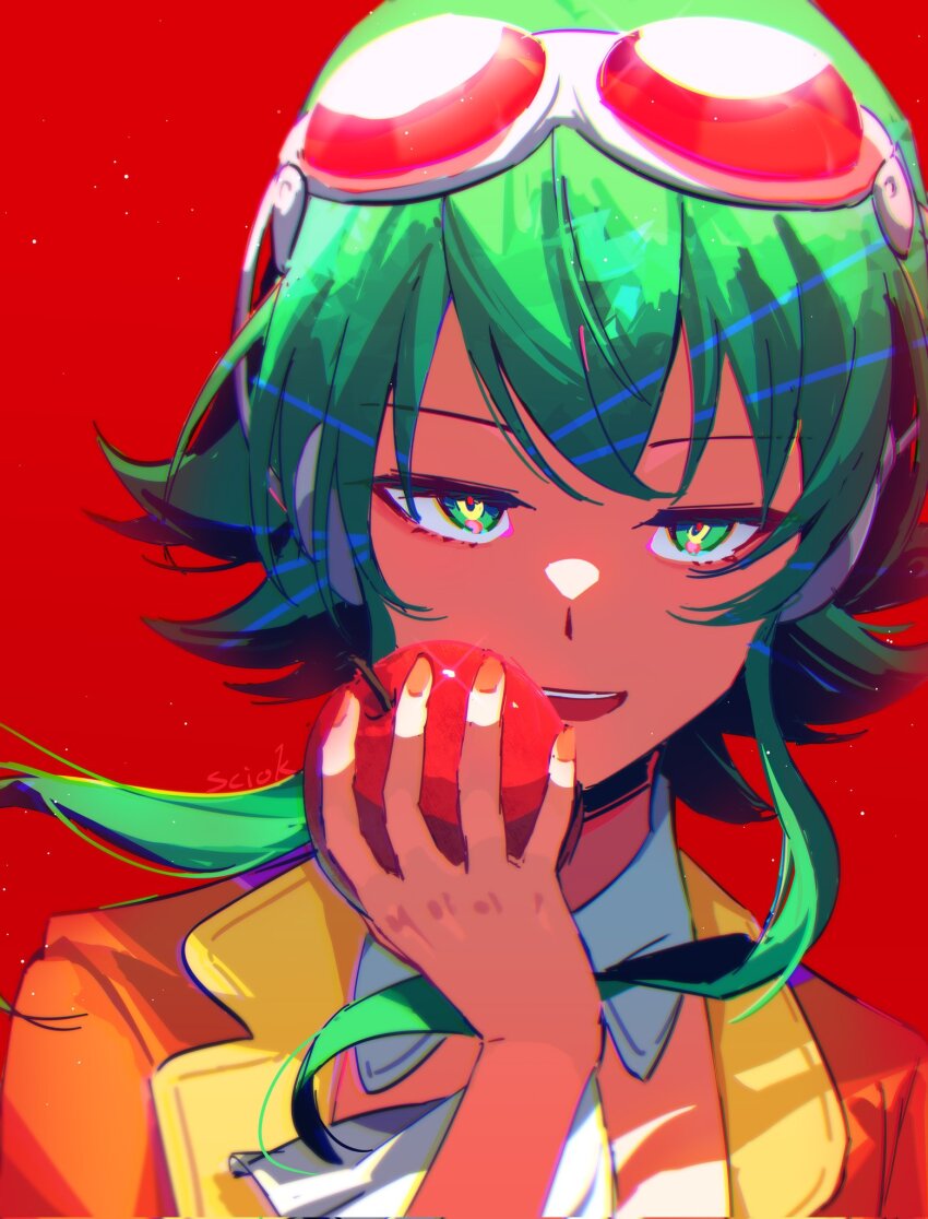 1girl apple ascot detached_collar food fruit goggles goggles_on_head green_eyes green_hair gumi hand_up highres jacket looking_at_viewer open_mouth orange_jacket orange_nails portrait red_background red_goggles sciok1 simple_background solo teeth upper_teeth_only vocaloid