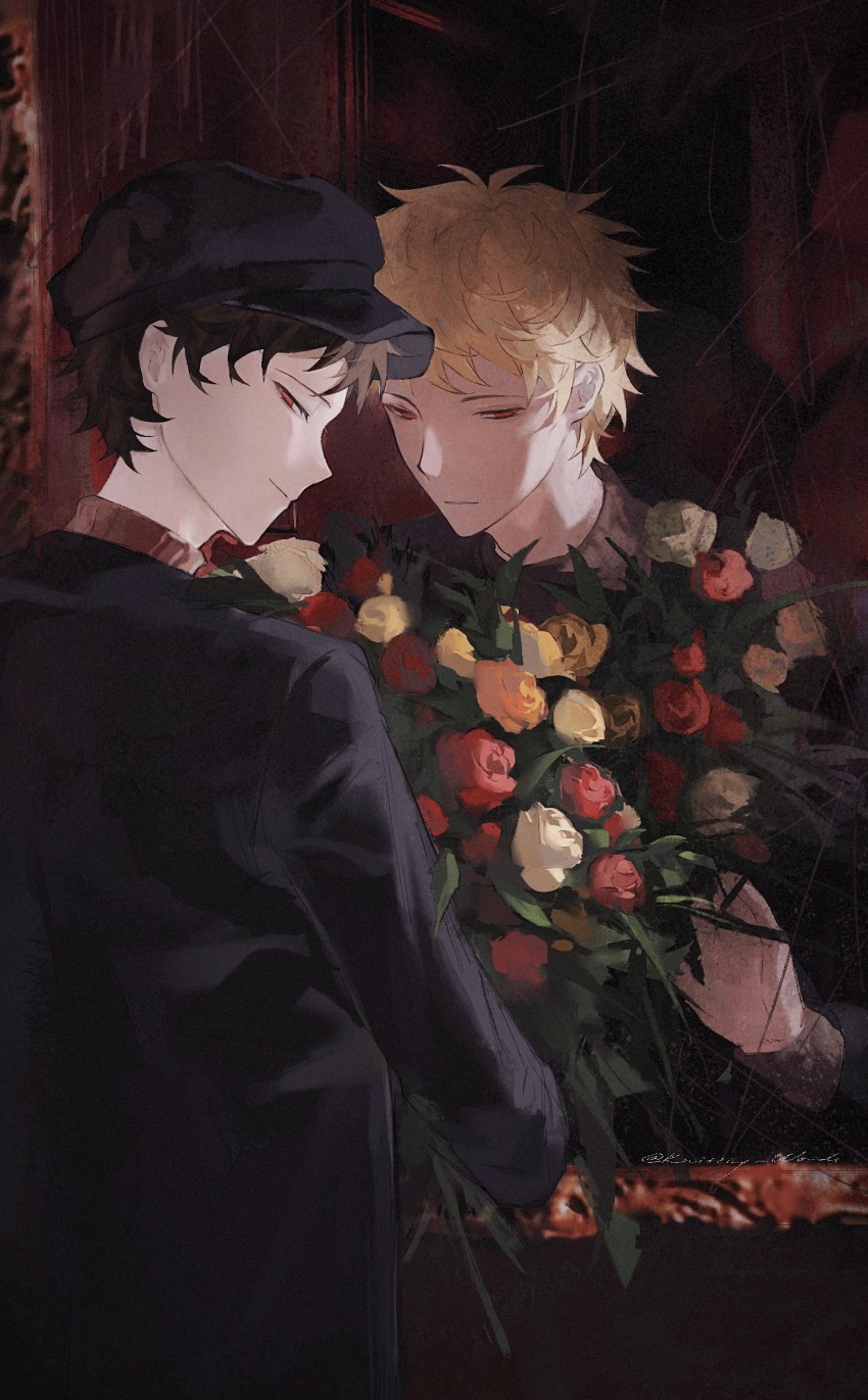 2boys atou_haruki black_hat black_jacket blonde_hair bouquet brown_hair brown_sweater chinese_commentary closed_mouth commentary_request different_reflection dual_persona flower hat highres holding holding_bouquet jacket long_sleeves male_focus multiple_boys orange_flower orange_rose red_eyes red_flower red_rose reflection ribbed_sweater rose saibou_shinkyoku short_hair sweater turtleneck turtleneck_sweater upper_body white_flower white_rose yellow_flower yellow_rose zhiyanpianyu55126