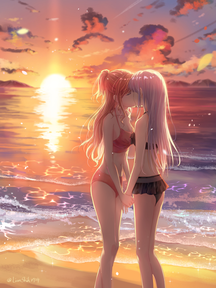 2girls absurdres bang_dream! beach bikini black_bikini breasts brown_hair cleavage commentary grey_hair half_updo highres holding_hands imai_lisa kiss long_hair medium_breasts minato_yukina multiple_girls ocean pink_bikini shih_lion sparkle standing sunset swimsuit yuri