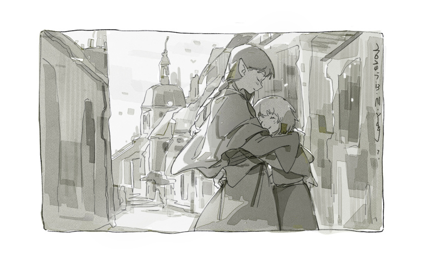 2girls ^_^ aged_down border braid capelet cathedral chinese_commentary closed_eyes closed_mouth commentary_request cowboy_shot dated dress dungeon_meshi elf eyelashes falin_touden falin_touden_(tallman) greyscale height_difference highres hug long_dress long_skirt long_sleeves marcille_donato monochrome multiple_girls outdoors people pointy_ears sanyang003 short_hair signature single_braid sketch skirt sky smile town vest white_border wide_sleeves