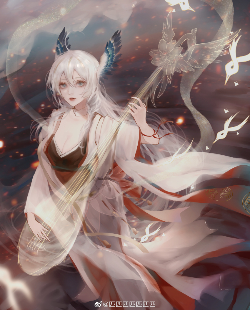 1girl absurdres arm_ribbon bird bird_wings braid breasts character_request cleavage cloud cloudy_sky collar day detached_collar embers eyelashes flyer full_body grey_eyes hagoromo hair_between_eyes head_wings highres holding holding_instrument instrument instrument_request japanese_clothes jiaopiupiu kimono lipstick long_hair long_sleeves looking_at_viewer makeup music onmyoji outdoors parted_lips playing_instrument red_lips red_ribbon ribbon ripples shawl sky solo standing twin_braids very_long_hair volcano watermark weibo_watermark white_collar white_hair white_kimono wide_sleeves wings