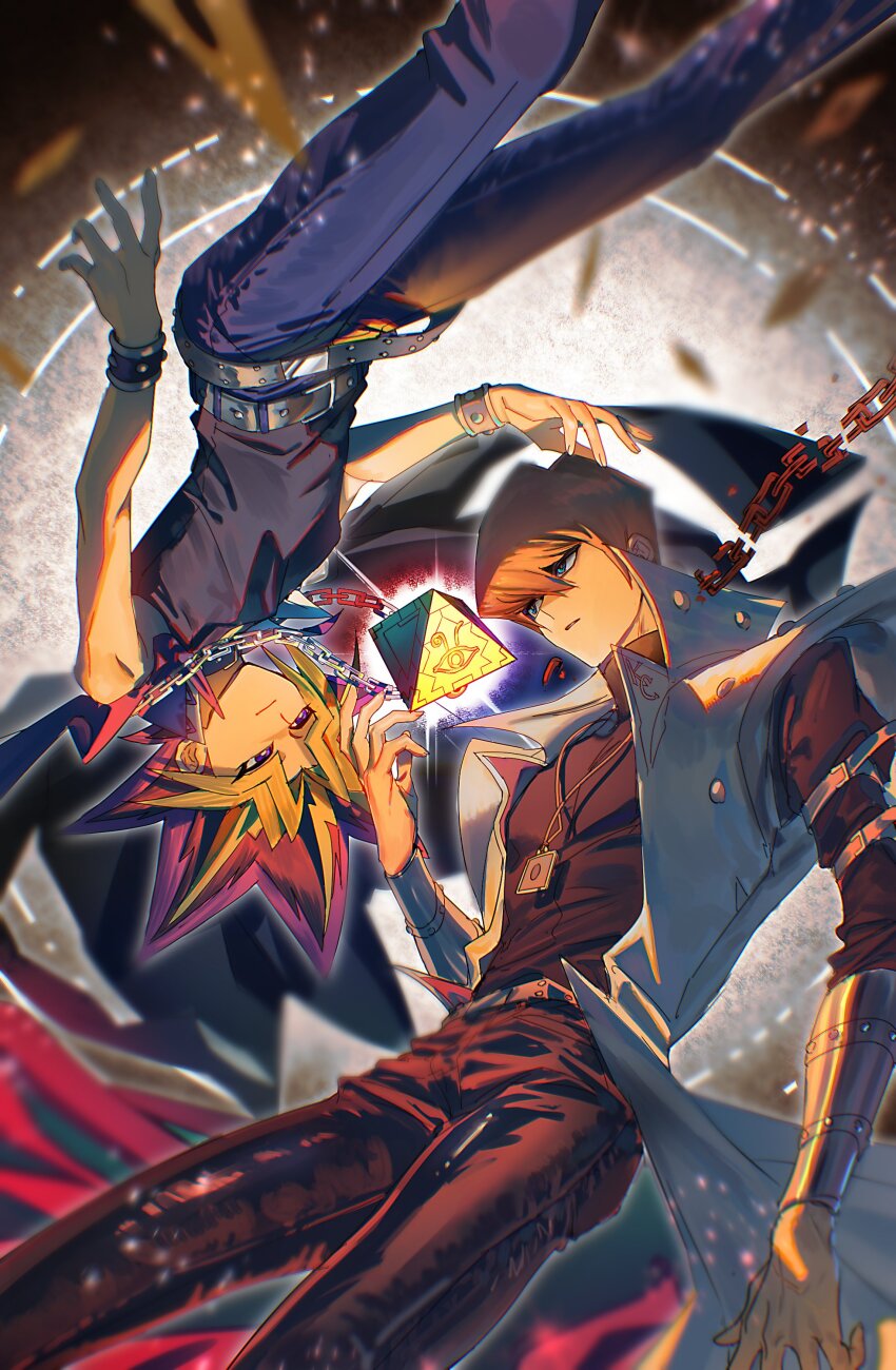 2boys absurdres belt black_hair black_pants black_shirt blonde_hair blue_eyes blue_pants brown_hair card_pendant chain half-closed_eyes highres kaiba_seto male_focus medium_hair millennium_puzzle moemoenomori multicolored_hair multiple_boys pants purple_eyes purple_hair rotational_symmetry shirt sleeveless sleeveless_shirt spiked_hair upside-down yami_yugi yu-gi-oh! yu-gi-oh!_duel_monsters