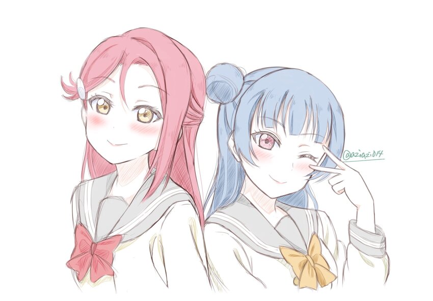 2girls aziazi014 blue_hair blush bow braid commentary_request crown_braid grey_sailor_collar hair_bun highres long_sleeves looking_at_viewer love_live! love_live!_sunshine!! multiple_girls one_eye_closed partial_commentary purple_eyes red_bow red_hair sailor_collar sakurauchi_riko scene_reference school_uniform serafuku single_side_bun sketch smile tsushima_yoshiko uranohoshi_school_uniform v v_over_eye watermark white_background yellow_bow