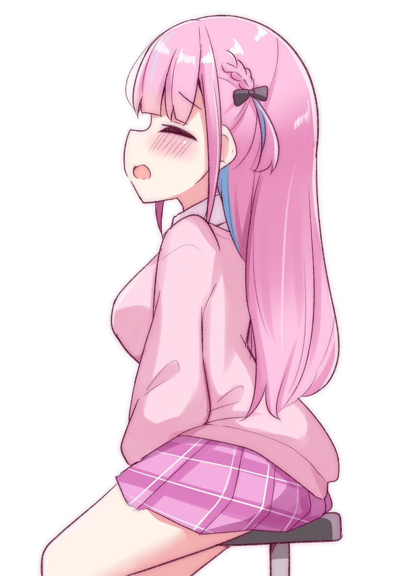 1girl absurdres between_legs black_bow blunt_bangs blush bow braid breasts cardigan closed_eyes clothed_masturbation cowboy_shot female_masturbation from_side hair_bow half_updo hand_between_legs highres hololive implied_masturbation kanami9731 long_hair long_sleeves masturbation medium_breasts minato_aqua miniskirt on_chair one_side_up open_mouth pink_cardigan pink_hair pink_skirt plaid_clothes plaid_skirt pleated_skirt raised_inner_eyebrows sidelocks simple_background sitting skirt solo stool straight_hair virtual_youtuber white_background