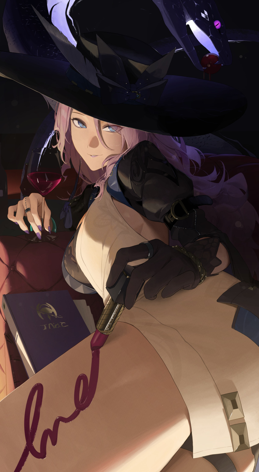 1girl 2525_lynn absurdres black_gloves black_hat blue_eyes body_writing breasts commentary_request cosmetics cup dress drinking_glass gloves hair_between_eyes hat highres holding holding_cup holding_lipstick_tube honkai:_star_rail honkai_(series) jade_(honkai:_star_rail) large_breasts lipstick_tube long_hair looking_at_viewer lying nail_polish on_side parted_lips pink_hair purple_nails single_glove smile solo white_dress wine_glass