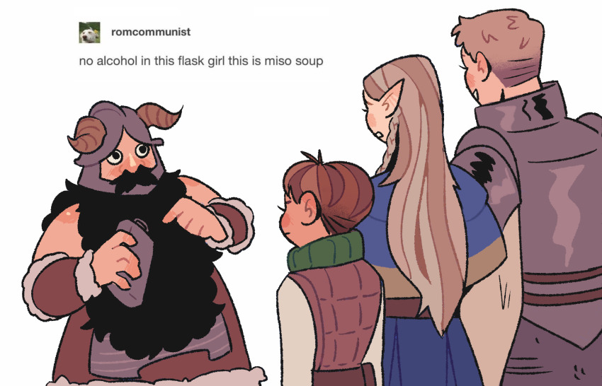 1girl 3boys armor beard black_eyes blonde_hair brown_hair chilchuck_tims closed_mouth commentary dungeon_meshi dwarf elf english_commentary english_text eyesup-orion facial_hair fake_horns halfling helmet highres hip_flask holding horned_helmet horns laios_touden long_hair looking_at_another marcille_donato multiple_boys open_mouth pointy_ears senshi_(dungeon_meshi) short_hair simple_background smile tumblr white_background