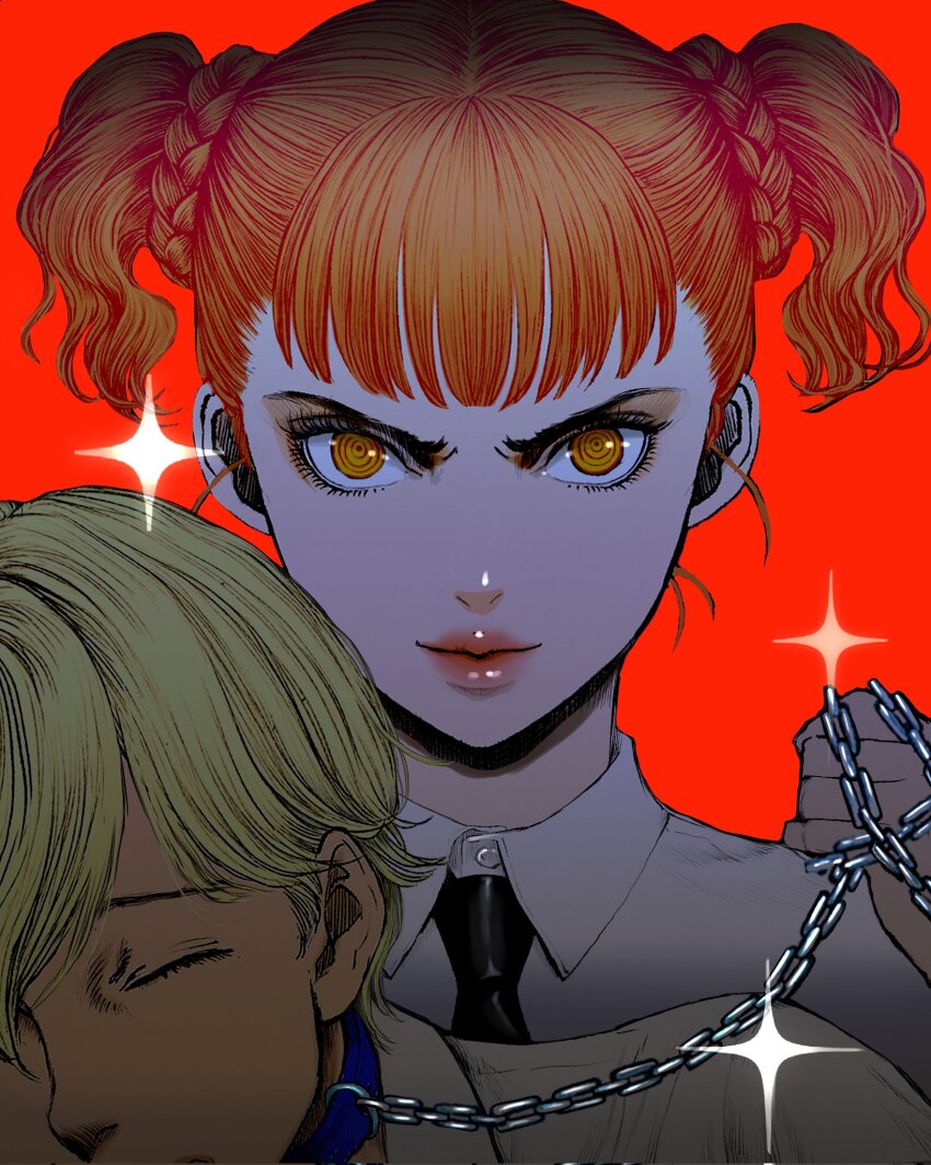 1boy 1girl @_@ berserk black_necktie blonde_hair braid brother_and_sister chain chainsaw_man closed_eyes closed_mouth collar collared_shirt commentary_request corrupted_twitter_file cosplay evil_smile farnese_(berserk) hair_between_eyes highres holding holding_chain looking_at_viewer makima_(chainsaw_man) makima_(chainsaw_man)_(cosplay) necktie nisino2222 red_background serpico_(berserk) shirt short_hair short_twintails siblings smile twin_braids twintails yellow_eyes