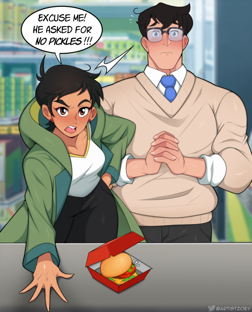 1boy 1girl black_hair blue_eyes blue_necktie breasts brown_eyes brown_hair brown_sweater burger clark_kent coat commentary dc_comics earrings english_commentary english_text excuse_me_he_asked_for_no_pickles_(meme) food frown glasses green_coat hand_on_own_hip highres hood hooded_coat jewelry lois_lane medium_breasts meme my_adventures_with_superman necktie npczoey open_mouth over-rim_eyewear own_hands_clasped own_hands_together raised_eyebrow semi-rimless_eyewear short_hair superman_(series) sweater twitter_username