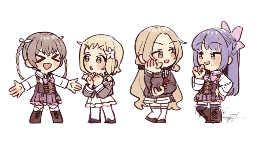&gt;_&lt; 4girls :d :o artist_name assault_lily belt belt_buckle black_thighhighs blonde_hair blush boots bow bowtie braid brown_belt brown_cardigan brown_footwear brown_hair brown_shirt buckle cardigan chibi closed_eyes collared_shirt commentary_request corset crossover eye_contact flower french_braid frilled_skirt frills fukuyama_jeanne_sachie full_body green_eyes hair_bow hair_flower hair_ornament hair_ribbon half_updo hand_on_own_cheek hand_on_own_elbow hand_on_own_face hand_on_own_hip hand_to_own_mouth hand_up hands_up heel_up highres inubouzaki_fuu inubouzaki_itsuki kishimoto_lucia_raimu knee_boots komuzuka lace-up_boots leg_ribbon light_brown_hair long_hair long_sleeves looking_at_another low_twintails ludvico_private_girls&#039;_academy_school_uniform miniskirt mole mole_under_mouth multiple_girls open_mouth outstretched_arms own_hands_together pantyhose parted_bangs parted_lips pink_bow pink_bowtie pink_eyes plaid_clothes plaid_skirt pleated_skirt purple_hair ribbon sanshuu_middle_school_uniform school_uniform shirt shoes short_hair siblings signature simple_background sisters skirt smile spread_arms standing suspenders thigh_ribbon thighhighs twintails underbust v-shaped_eyebrows very_long_hair white_background white_flower white_pantyhose white_ribbon white_shirt white_skirt white_thighhighs yuuki_yuuna_wa_yuusha_de_aru yuusha_de_aru zettai_ryouiki