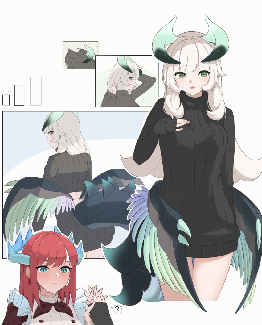 2girls ? apron arm_up black_sweater blush chamber_dragonmaid closed_mouth dragon_girl dragon_horns dragon_tail dragon_wings dragonmaid_(yu-gi-oh!) feathered_wings frilled_apron frills full-face_blush green_eyes heichi highres holding_hands horns kitchen_dragonmaid long_hair long_sleeves multiple_girls open_mouth red_hair simple_background smile sweat sweater tail thighs white_background white_hair wings yu-gi-oh! yuri