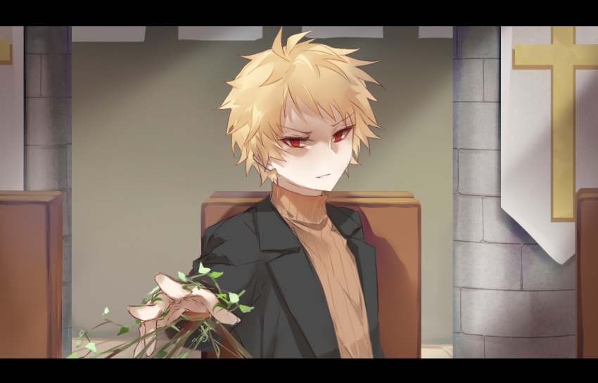 1boy atou_haruki black_jacket blonde_hair brick_wall brown_sweater commentary_request florakinesis in-universe_location indoors jacket letterboxed long_sleeves open_clothes open_jacket outstretched_arm red_eyes ribbed_sweater saibou_shinkyoku short_hair solo sweater tsumi2112 turtleneck turtleneck_sweater upper_body v-shaped_eyebrows