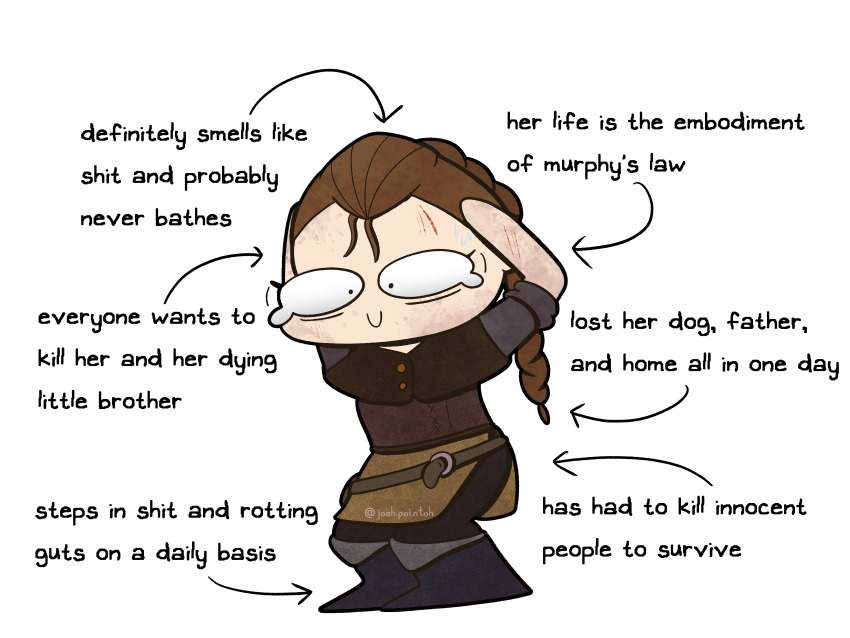 1girl a_plague_tale absurdres amicia_de_rune chibi crazy_smile dirt english_text forced_smile highres josh.pointoh profanity scratches self-upload simple_background smile sweat tagme traumatized white_background