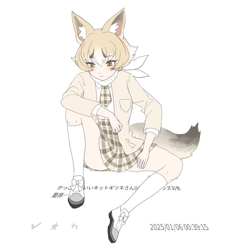 1girl animal_ears blonde_hair brown_eyes brown_jacket chicha_(chi_cha_rigbo) extra_ears fox_ears fox_girl fox_tail grey_hair grey_necktie grey_shoes grey_skirt hair_between_eyes highres jacket kemono_friends kit_fox_(kemono_friends) multicolored_hair multicolored_shoes necktie plaid_clothes plaid_necktie plaid_skirt pleated_skirt scarf shirt shoes short_hair sidelocks sitting skirt socks solo tail two-tone_shoes white_hair white_scarf white_shirt white_shoes white_socks