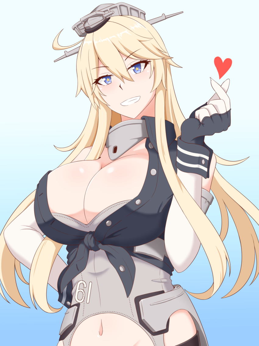 1girl blonde_hair blue_background blue_eyes breasts collar elbow_gloves front-tie_top gloves gradient_background headgear heart highres iowa_(kancolle) kantai_collection lactone large_breasts metal_collar navel smile solo star-shaped_pupils star_(symbol) symbol-shaped_pupils upper_body