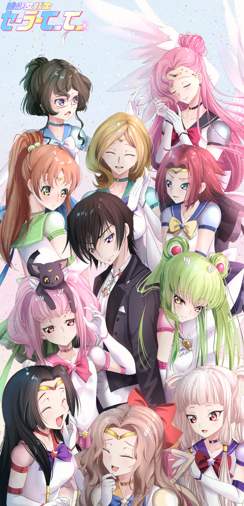1boy 6+girls :d absurdres alternate_costume animal animal_on_head anya_alstreim aqua_eyes back-to-back bishoujo_senshi_sailor_moon black_hair black_suit blue_background blunt_bangs blush bow bowtie breasts brown_hair budgiepon c.c. cat cat_on_head character_request closed_mouth code_geass collared_shirt commentary copyright_name couple double_bun elbow_gloves euphemia_li_britannia expressionless eyelashes formal_clothes from_side gloves green_eyes green_hair hair_between_eyes hair_bow hair_bun hair_ornament hair_tubes hand_up harem hetero highres kouzuki_kallen laughing lelouch_vi_britannia light_brown_hair long_hair looking_at_another looking_at_viewer medium_breasts medium_hair milly_ashford multiple_girls nunnally_vi_britannia on_head open_mouth orange_hair parted_bangs parted_lips pink_hair purple_eyes red_bow red_eyes red_hair sailor_chibi_moon sailor_moon shirley_fenette shirt short_eyebrows short_hair sidelocks simple_background smile smug straight_hair suit sumeragi_kaguya super_sailor_chibi_moon_(stars) tianzi v-shaped_eyebrows very_long_hair wavy_hair white_bow white_bowtie white_gloves white_shirt wing_hair_ornament yellow_eyes