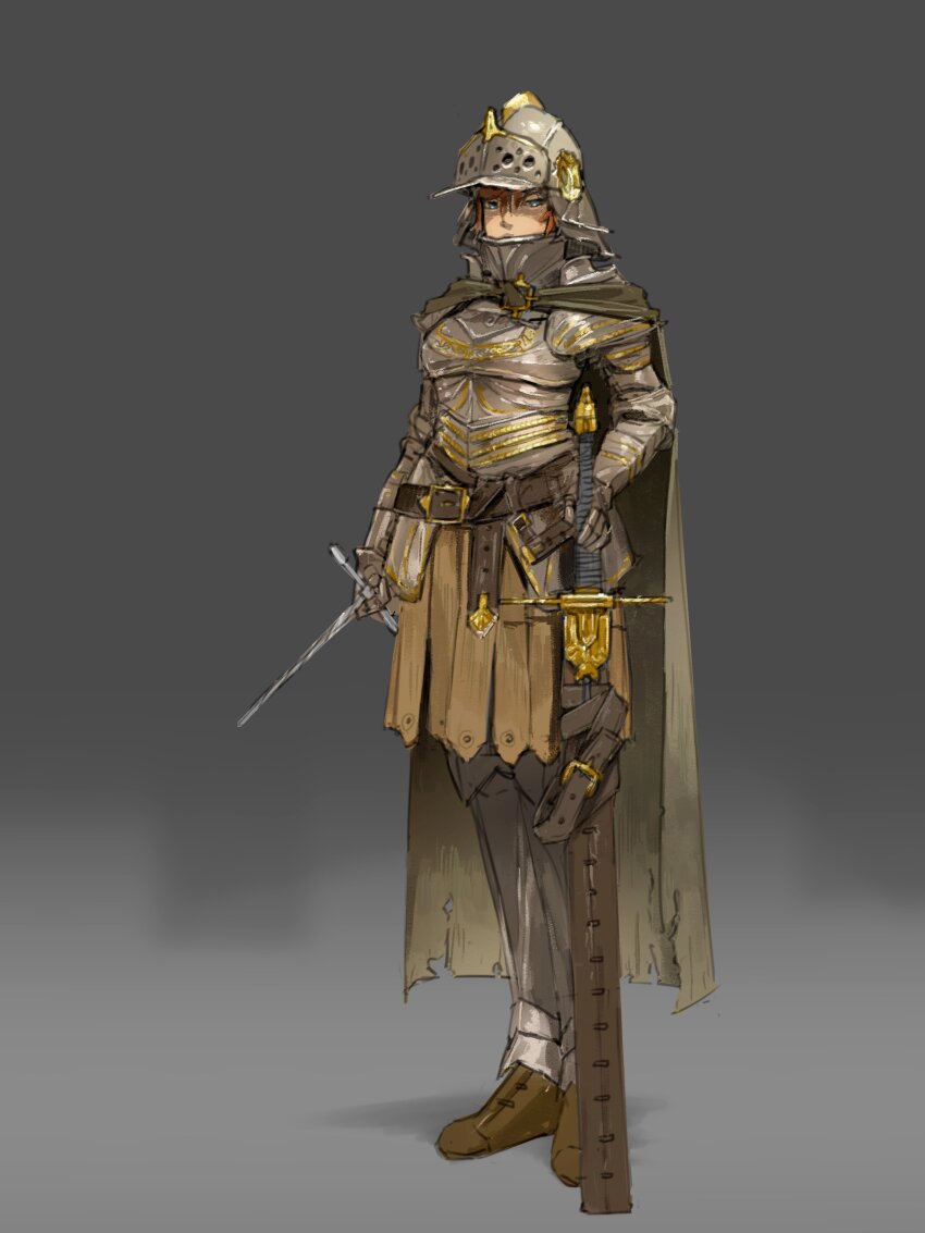 1girl absurdres armor belt blue_eyes bow breasts brown_belt brown_cloak brown_footwear cloak couter covered_mouth dagger faulds gorget greaves grey_background hair_bow hand_on_hilt helmet highres holding holding_dagger holding_knife holding_weapon knife notfuji orange_hair original pauldrons plate_armor poleyn pteruges shoulder_armor solo sword torn_clothes visor_(armor) visor_lift weapon