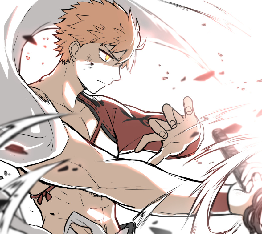 1boy abs cape detached_sleeves dirty dirty_face emiya_shirou fate/grand_order fate_(series) holding holding_sword holding_weapon katana male_focus orange_hair profile senji_muramasa_(fate) serious single_detached_sleeve solo sword toned toned_male upper_body weapon white_cape yellow_eyes yoyo_9ea