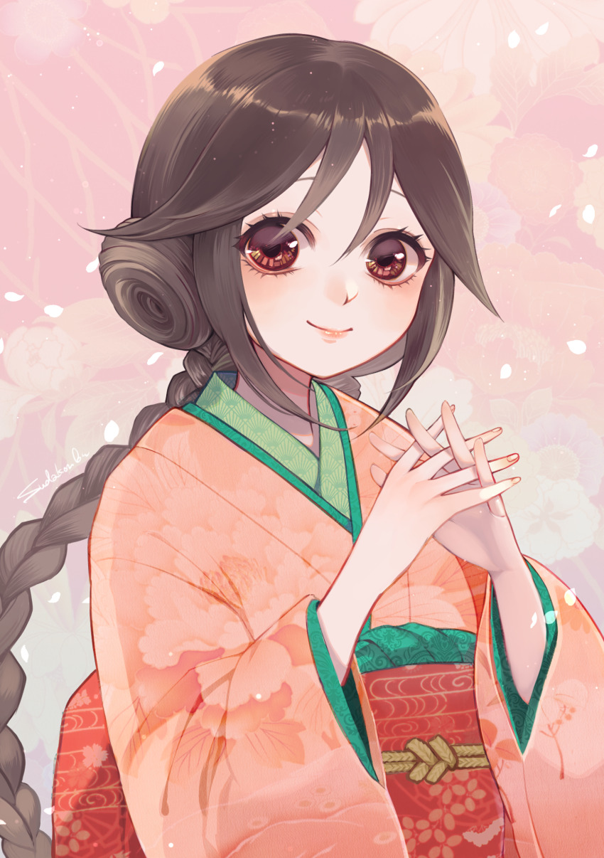 1girl braid brown_eyes brown_hair brushing_hair brushing_own_hair closed_mouth commentary_request highres interlocked_fingers japanese_clothes kimono layered_kimono long_hair looking_at_viewer obi orange_kimono pink_background red_sash sash smile solo sudakoyarou tachibana_yuzuki taishou_otome_otogibanashi upper_body