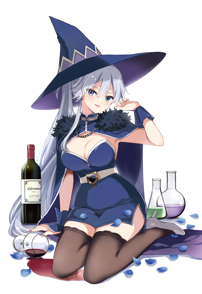 1girl arm_support black_thighhighs blue_cape blue_dress blue_eyes blue_hat blue_petals blue_wrist_cuffs bottle breasts cape cleavage commentary_request cover_image cup dress drinking_glass flask fur-trimmed_cape fur_trim grey_hair hair_between_eyes hand_up hara_yui hat highres large_breasts long_hair majo_wa_mangetsu_ni_saku open_mouth round-bottom_flask simple_background sitting smile solo spill strapless strapless_dress thighhighs white_background white_footwear wine_bottle wine_glass witch witch_hat wrist_cuffs yokozuwari