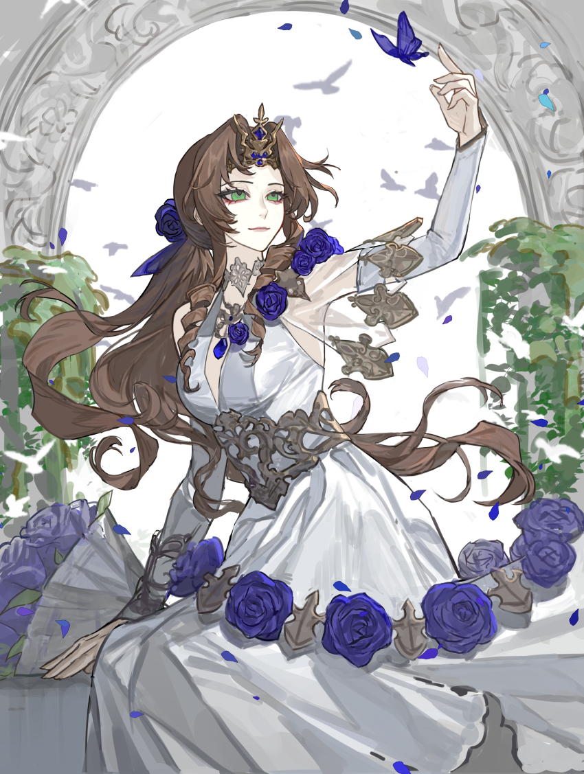 1girl absurdres aerith_gainsborough aerith_gainsborough_(prism_dress) artist_request blue_flower blue_rose bouquet breasts brown_hair bug butterfly chinese_commentary commentary_request commission detached_sleeves dress dress_flower final_fantasy final_fantasy_vii final_fantasy_vii_ever_crisis flower green_eyes highres insect long_hair low_ponytail medium_breasts official_alternate_costume parted_bangs plunging_neckline ponytail ribbon rose second-party_source see-through_clothes see-through_sleeves sidelocks smile solo tiara wavy_hair white_dress