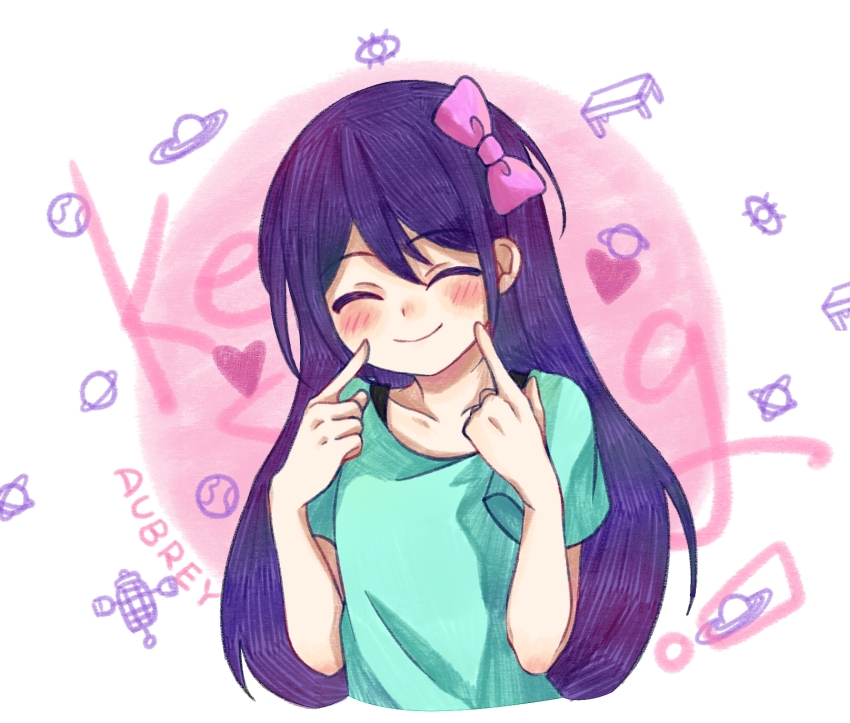 1girl ^_^ aqua_shirt aubrey_(headspace)_(omori) aubrey_(omori) blush bow character_name closed_eyes closed_mouth collarbone commentary_request cropped_legs double-parted_bangs fingers_to_cheeks hair_between_eyes hair_bow hands_up hatching_(texture) highres index_finger_raised linglanjunying omori pink_bow purple_hair shirt short_sleeves simple_background smile solo white_background