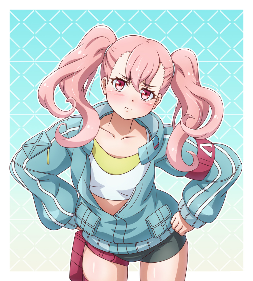 1girl :i armband bike_shorts center-flap_bangs cropped_legs ellie_(synduality) hair_ribbon hands_on_own_hips head_tilt highres jacket open_clothes open_jacket pink_hair pouch red_armband ribbon standing synduality synduality_noir tank_top thigh_pouch twintails yosuzu