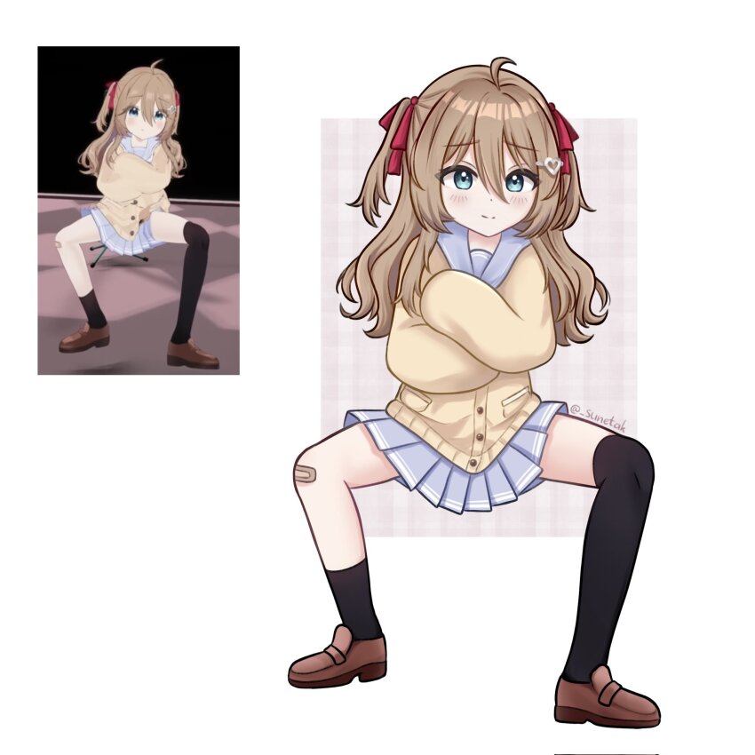 1girl ahoge asymmetrical_legwear bandaid bandaid_on_knee bandaid_on_leg black_socks black_thighhighs blue_eyes blue_sailor_collar blue_skirt brown_hair brown_shoes cardigan closed_mouth commentary crossed_arms english_commentary full_body hair_between_eyes hair_ornament hair_ribbon heart heart_hair_ornament highres kate27sun_sunetak long_hair long_sleeves looking_at_viewer neuro-sama pleated_skirt red_ribbon ribbon sailor_collar screenshot_inset shoes single_sock single_thighhigh skirt smile socks solo spread_legs standing thighhighs twitter_username uneven_legwear vedal_ai virtual_youtuber white_background yellow_cardigan
