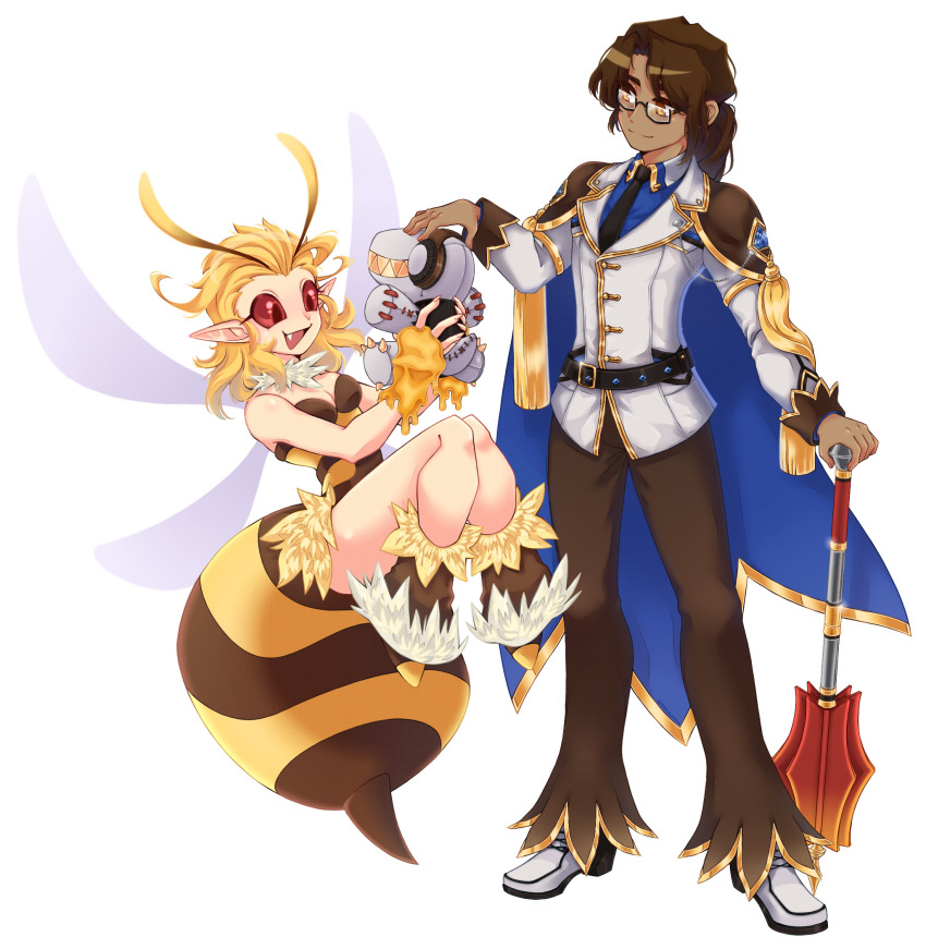 1boy 1girl antennae arthropod_girl bee_girl bee_wings black_necktie blazer blonde_hair blue_cape blue_shirt breasts brown_cape brown_eyes brown_hair brown_pants cape cleavage closed_mouth collared_shirt commentary dark-skinned_male dark_skin english_commentary fang full_body genetic_(ragnarok_online) highres hodremlin holding holding_mace holding_weapon insect_girl insect_wings jacket looking_at_another mace medium_breasts medium_hair necktie official_alternate_costume open_mouth pants priceofsilence ragnarok_online red_eyes sera_(ragnarok_online) shirt shoes simple_background smile stinger two-sided_cape two-sided_fabric weapon white_background white_jacket white_shoes wings
