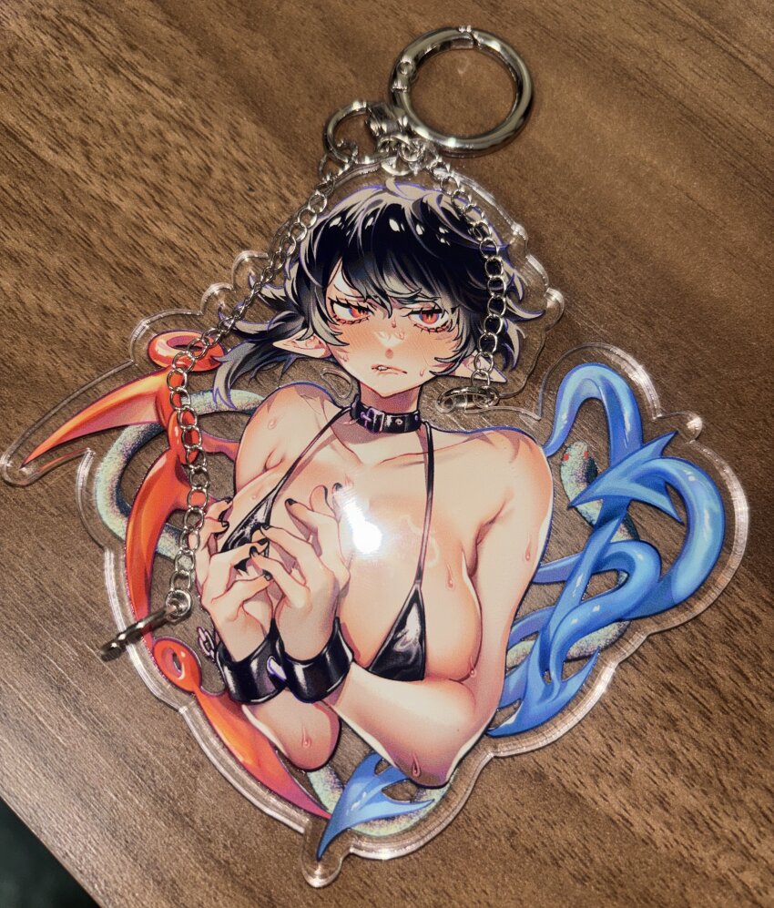 1girl absurdres asymmetrical_wings bikini biting_own_lip black_bikini black_hair black_nails blue_wings blush breasts charm_(medium) charm_(object) closed_mouth commentary_request highres houjuu_nue large_breasts looking_at_viewer nose_blush pointy_ears red_eyes red_wings short_hair solo sweat swimsuit touhou upper_body wings yamazaki_tsukune
