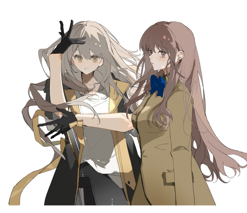 2girls black_gloves black_jacket blazer brown_eyes brown_hair brown_jacket closed_mouth crossover fate/extra fate_(series) floating_hair gloves grey_hair highres honkai:_star_rail honkai_(series) ishikawa_yui jacket kishinami_hakuno_(female) long_hair long_sleeves multiple_girls note_nii open_clothes open_jacket school_uniform shirt simple_background sleeves_rolled_up smile stelle_(honkai:_star_rail) trailblazer_(honkai:_star_rail) tsukumihara_academy_uniform_(fate/extra) voice_actor_connection white_background white_shirt