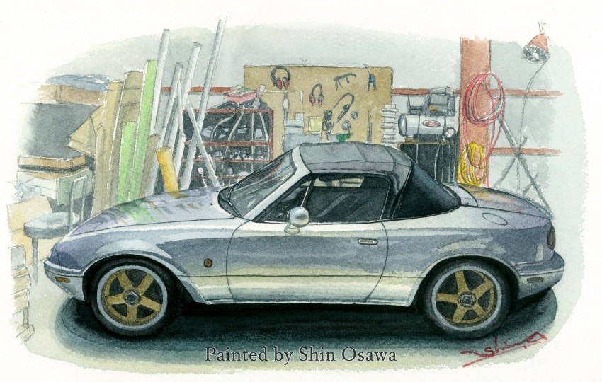 artist_name cable car chair eunos_roadster from_side garage grey_car headphones highres hose indoors lamp mazda mazda_mx-5 mazda_mx-5_na motor_vehicle no_humans original painting_(medium) shin_osawa sports_car traditional_media vehicle_focus watercolor_(medium)
