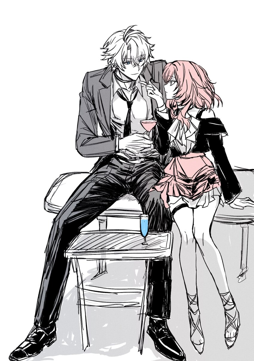 1boy 1girl alternate_costume black_necktie black_pantyhose black_shirt blue_eyes champagne_flute cocktail_glass commentary_request cup cyrene_(honkai:_star_rail) drinking_glass grey_vest highres holding holding_cup honkai:_star_rail honkai_(series) ilsijeongj2213 korean_commentary looking_at_another medium_hair necktie pantyhose phainon_(honkai:_star_rail) pink_hair pink_skirt shirt short_hair simple_background sitting sitting_on_table skirt vest white_background white_hair white_shirt