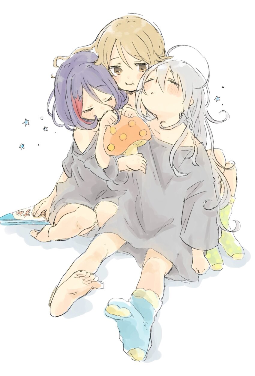 3girls ahoge bare_shoulders blue_socks blush braid brown_eyes closed_mouth collarbone green_socks grey_hair grey_shirt hair_between_eyes hayasaka_mirei highres holding holding_mushroom hoshi_syoko idolmaster idolmaster_cinderella_girls idolmaster_cinderella_girls_starlight_stage inutokasuki knees_up long_hair long_sleeves looking_at_another morikubo_nono multicolored_hair multiple_girls mushroom no_shoes parted_lips pastel_colors purple_hair red_hair shirt short_hair side_braid single_bare_foot single_braid single_sock sitting sleeping socks soles star_(symbol) streaked_hair very_long_hair wariza white_background