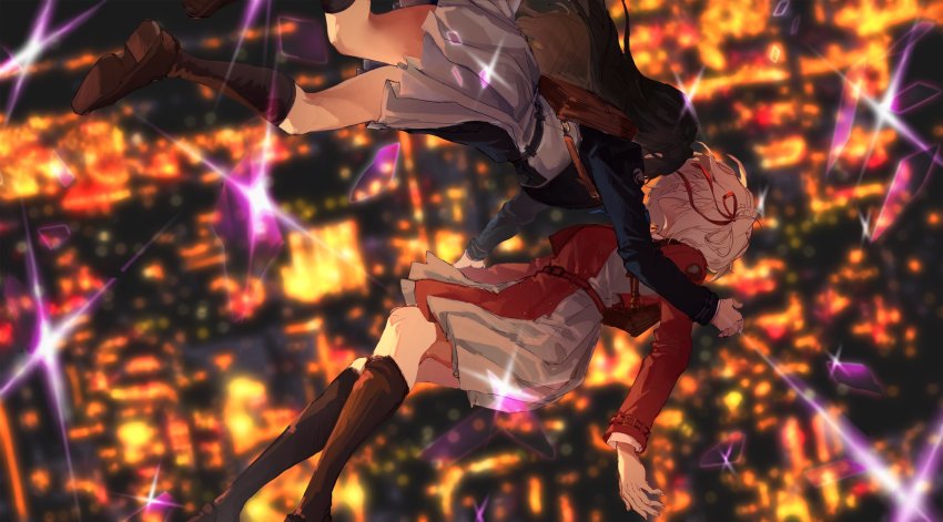 2girls bag black_hair blonde_hair broken_glass city dress duang falling freefall glass hair_ribbon highres inoue_takina long_hair lycoris_recoil lycoris_uniform multiple_girls night nishikigi_chisato outdoors ribbon school_bag shoes short_hair skirt two-tone_dress